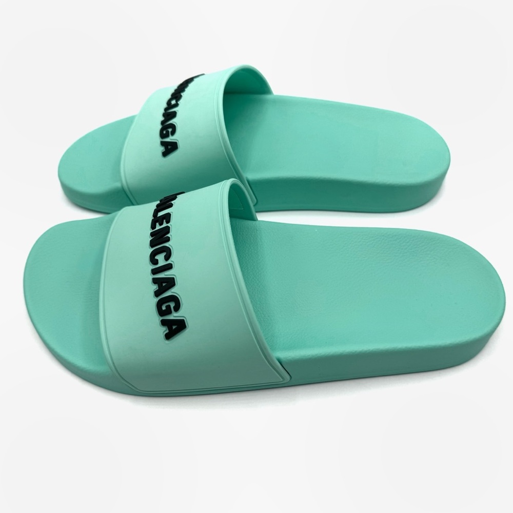 NEW Balenciaga Blue Green Mint Rubber Opened Toe Pool Slides Sandals Flats Shoes - Picture 3 of 12